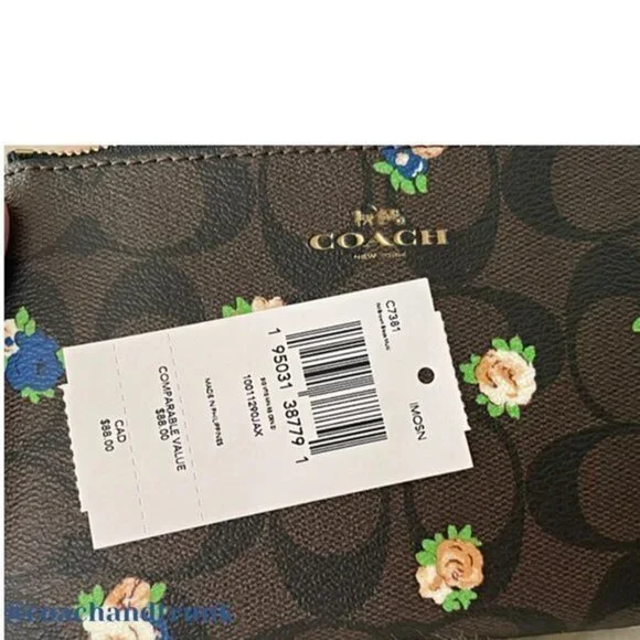 COACH Wristlet Dark Brown Classic C with Vintage Mini Rose Print Gold Accents - Picture 6 of 8